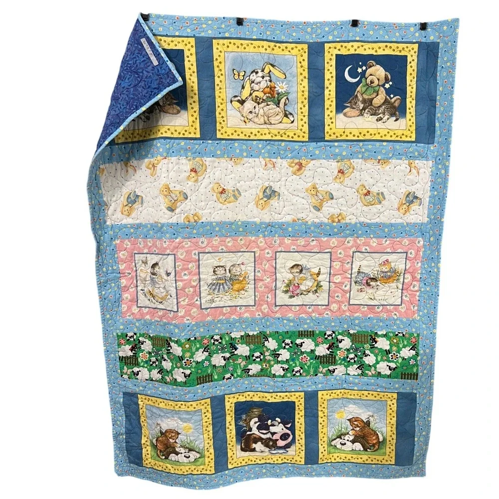 Handmade Baby Quilt Animal Patchwork Teddy Bear Kitten Sheep Blue Nursery 46x56